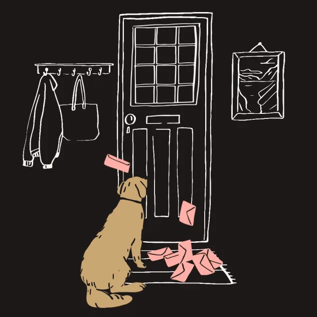 Illustration of a dog by a door.