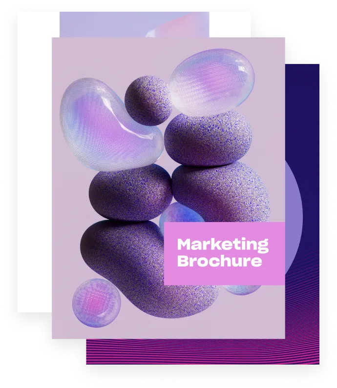 A marketing brochure with a purple 3D graphic on the cover.