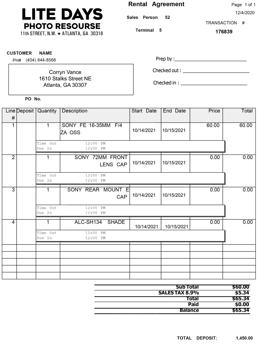 Photo equipment rental receipt.
