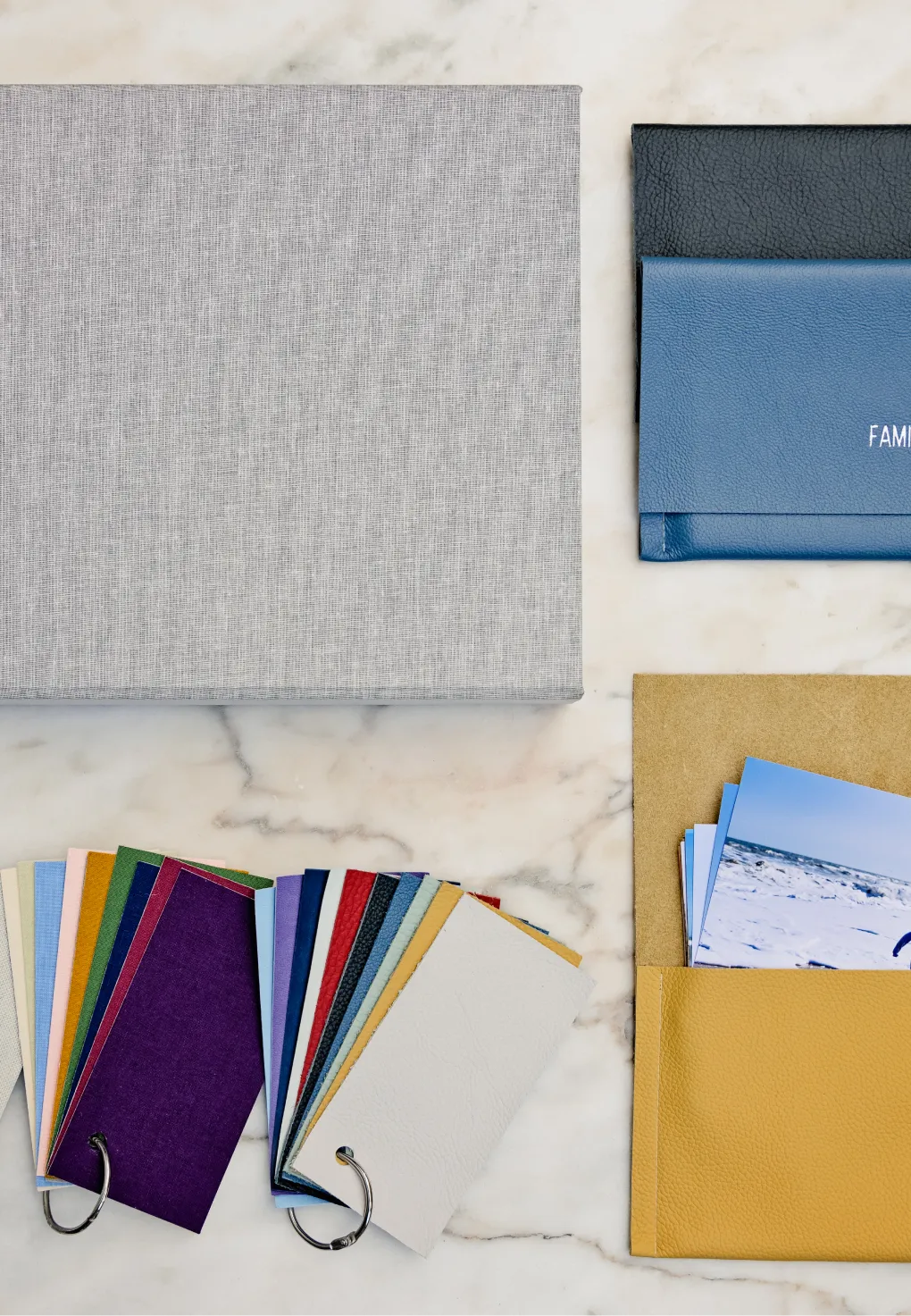 A top down flat lay of fabric swatches.